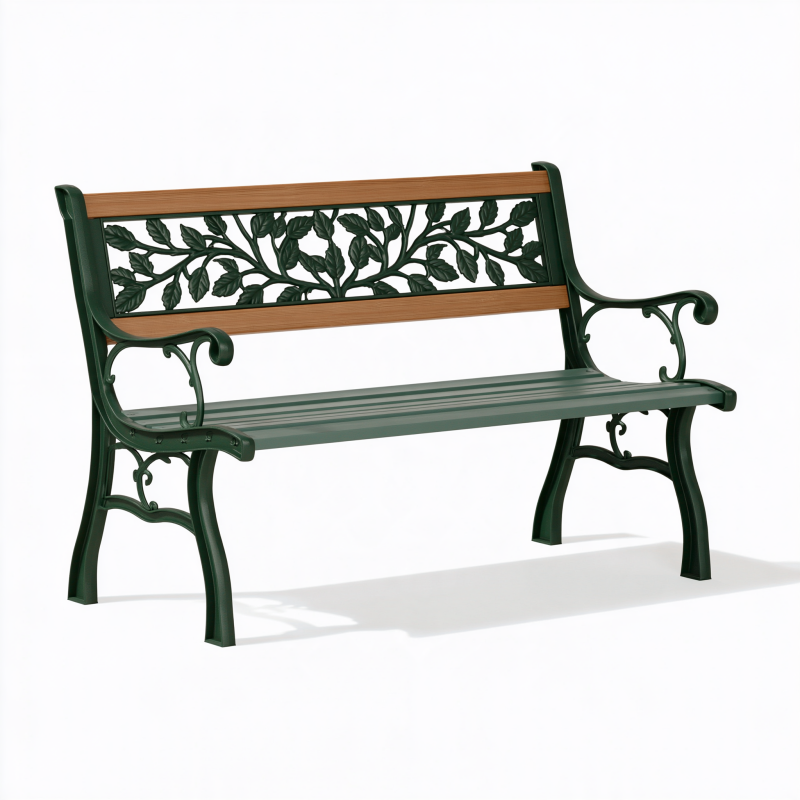 Gartenbank 120 cm Metall und Holz Grün Braun mit Blattdekor