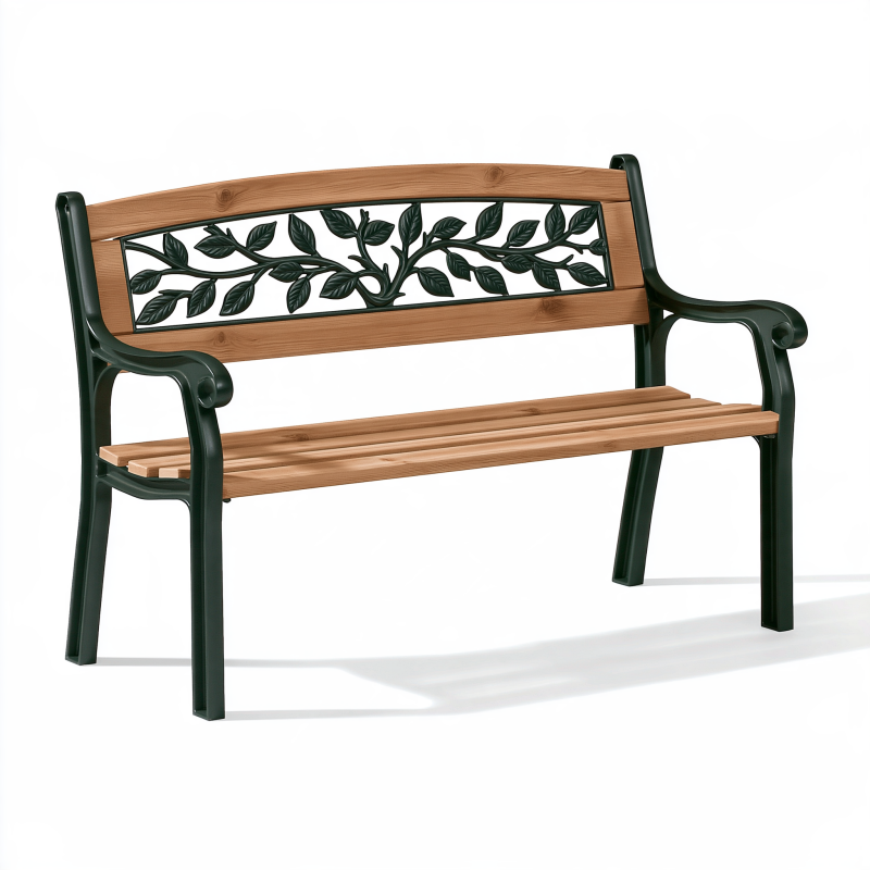 Gartenbank 120 x 60 x 85 cm Holz und Metall Braun/Dunkelgrün mit Blattdekor