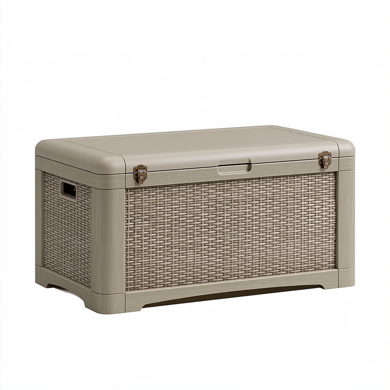 Aufbewahrungstruhe 80 x 45 x 45 cm Kunststoff Beige Rattanoptik mit Klappdeckel