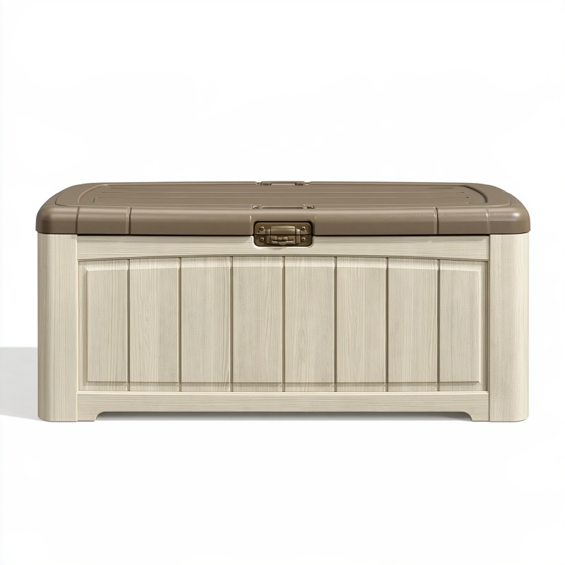 Aufbewahrungstruhe 120 x 52 x 60 cm aus Kunststoff Beige Braun in Holzoptik für Garten