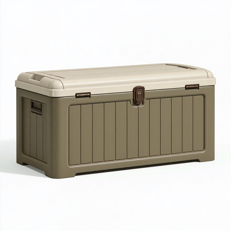 Aufbewahrungsbox 80 x 45 x 42 cm Kunststoff Taupe mit Deckel für Garten wetterbeständig