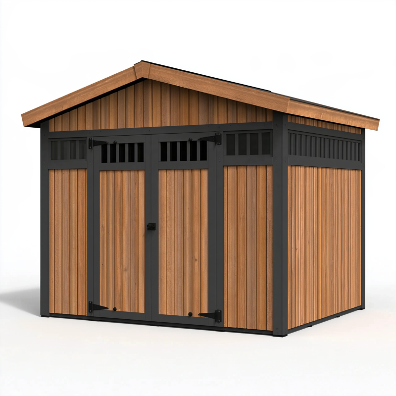 Gartenhaus 180 x 120 x 190 cm Holz und Metall Natur Schwarz mit Doppeltür Satteldach