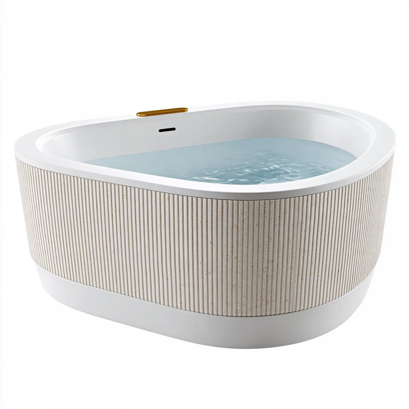 Freistehende Badewanne 170 x 80 x 58 cm aus Acryl in Weiß Beige mit geriffelter Verkleidung