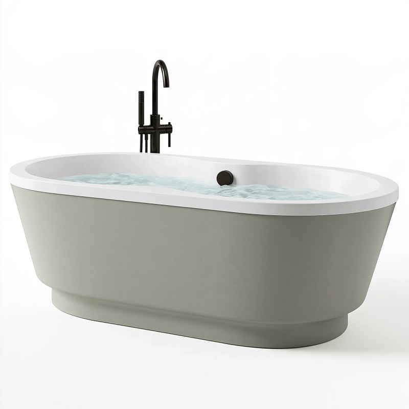 Freistehende Badewanne 170 x 75 x 58 cm aus Acryl in Grau Weiß mit schwarzer Standarmatur